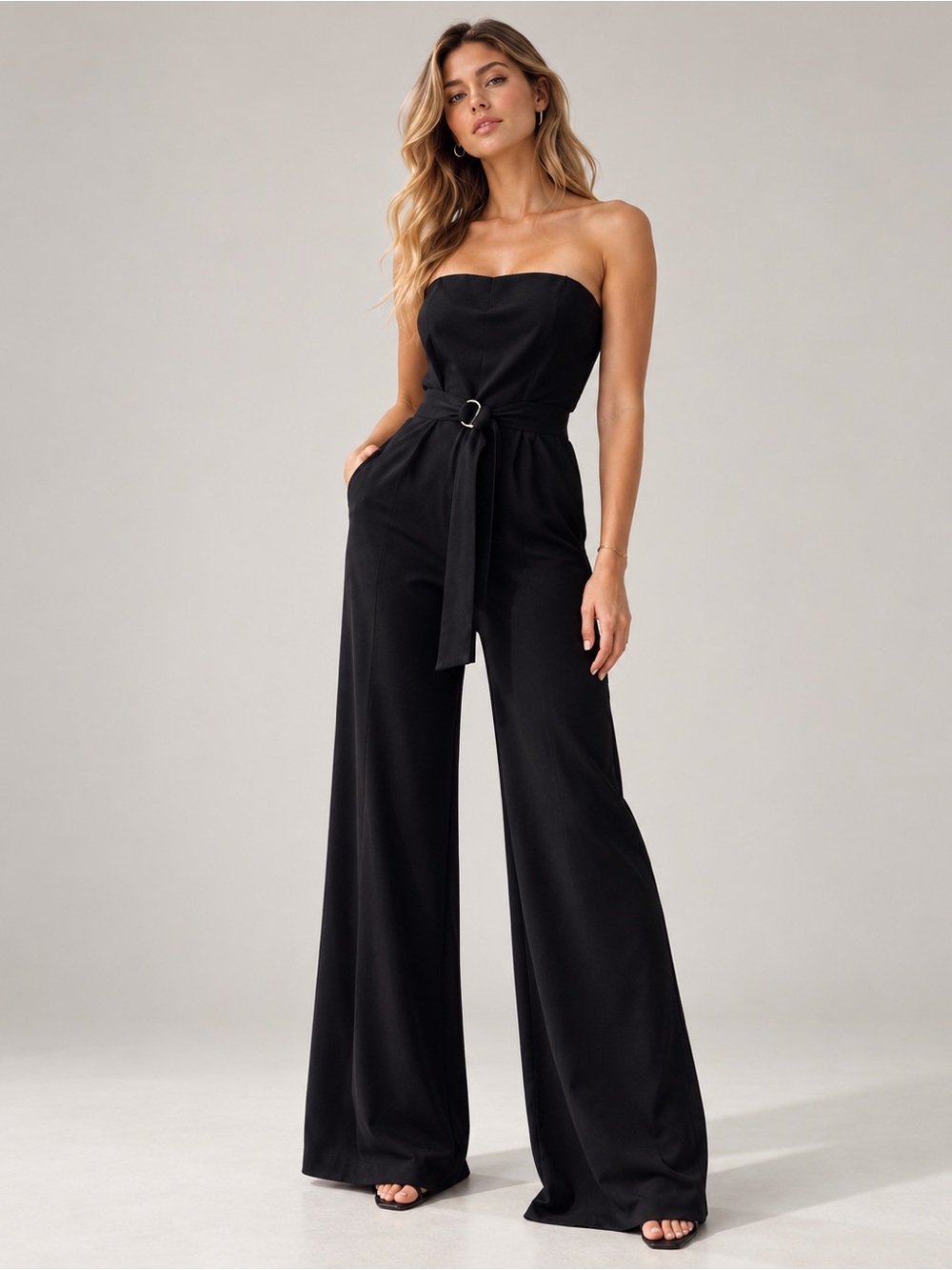 QUE Black Strapless Belted Wide-Leg Jumpsuit – Size 36